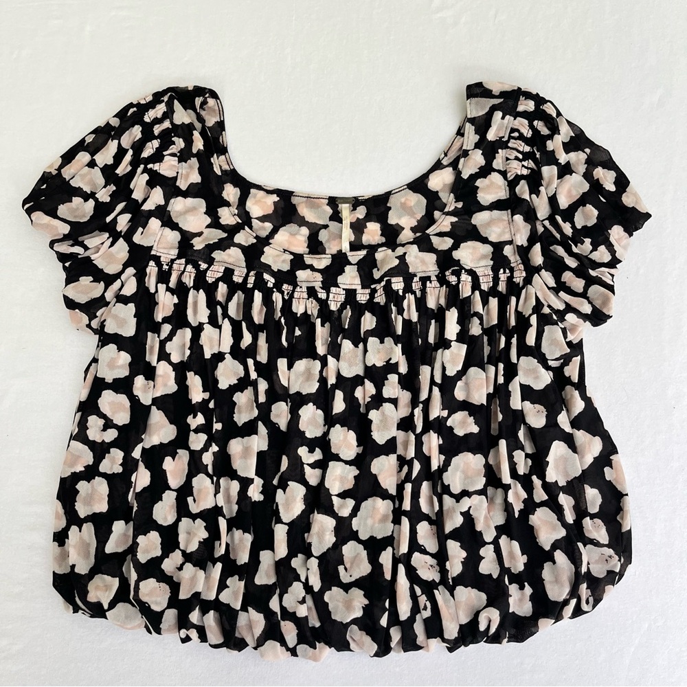 Free People Women's Top Meg's Black Leopard Print Mesh Crop Puff Blouse Size S